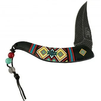 8 1/2" FOLDING KNIFE w/ Aztec print handle Leaf blade design Leather & beads