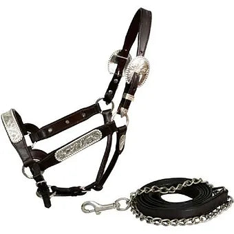 Silver Leather Horse Size Adjustable Show Halter w/ 6' Lead Chain