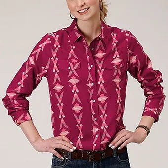 Women's Roper WINE AZTEC PRINT LONG SLEEVE WESTERN SHIRT w/ Snaps