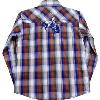 Cowboy Hardware Youth Boy's Blue Orange White Plaid Western Shirt