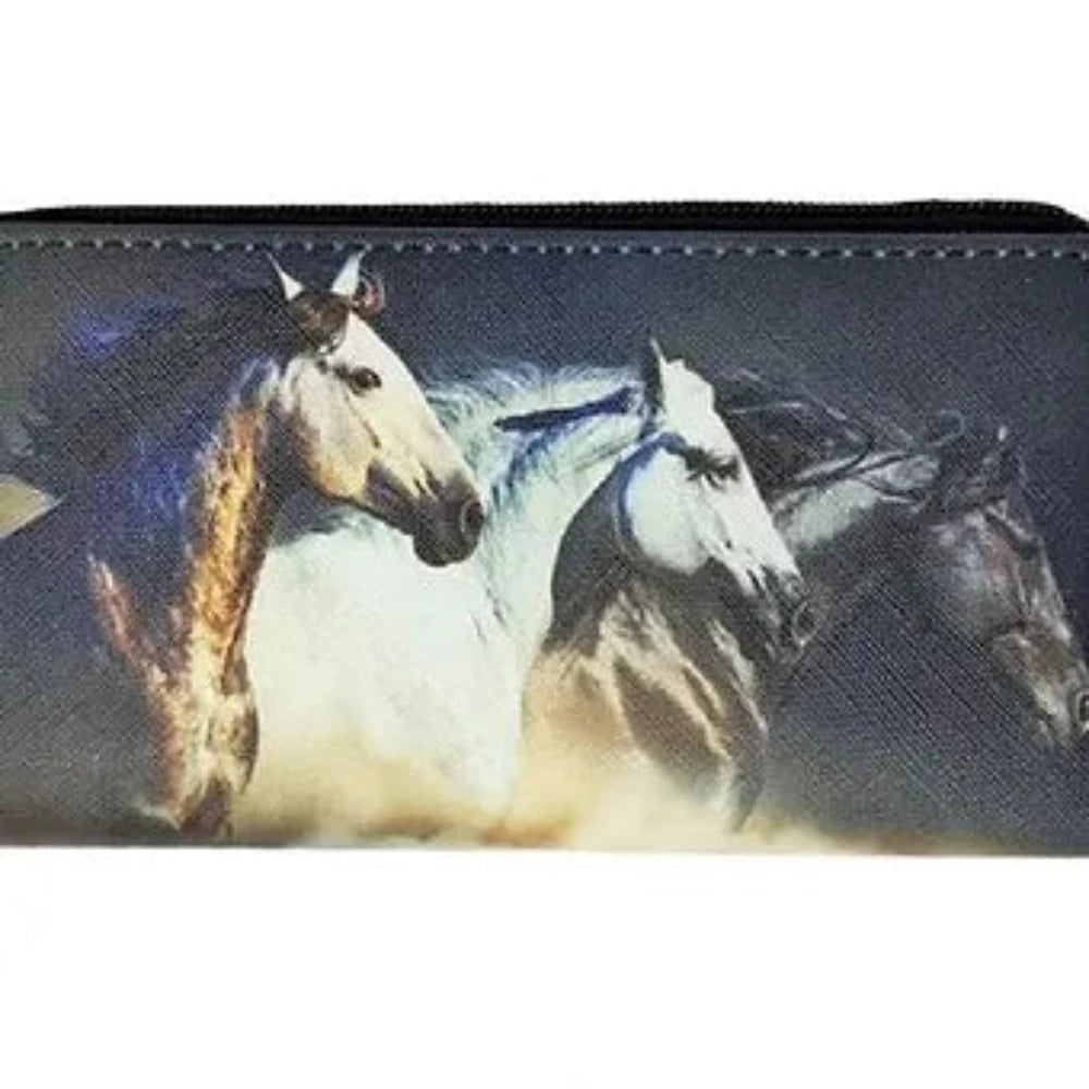 7 1/2" Three Wild Horses Running Print Zipper Wallet