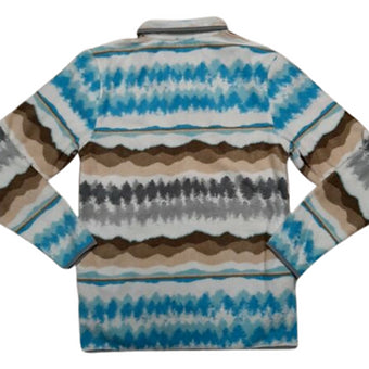 Brown blue & white AZTEC FLEECE PULLOVER w/ Front pockets Snap neck