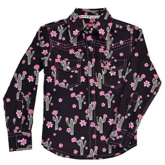 Youth girl's Cowgirl Hardware Black Cactus Rose Shirt