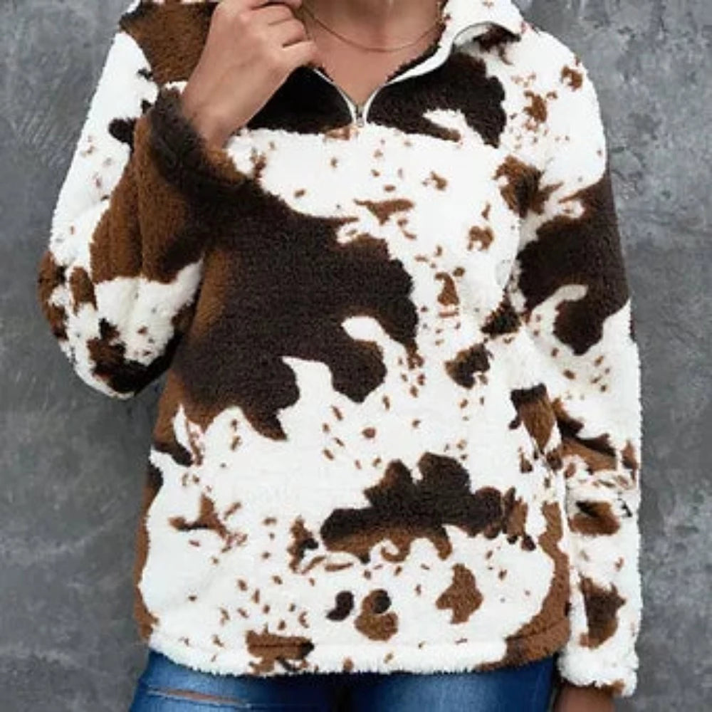 Women's Cow Print Fleece Sweatshirt w/ Zip collar