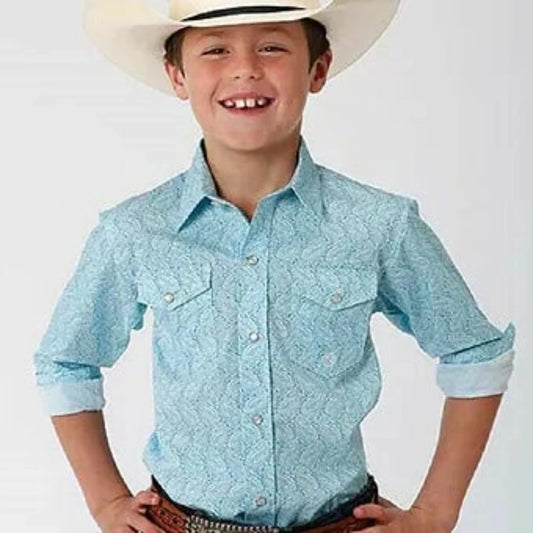Boys long sleeve Turquoise Paisley Print Button Down Western Shirt