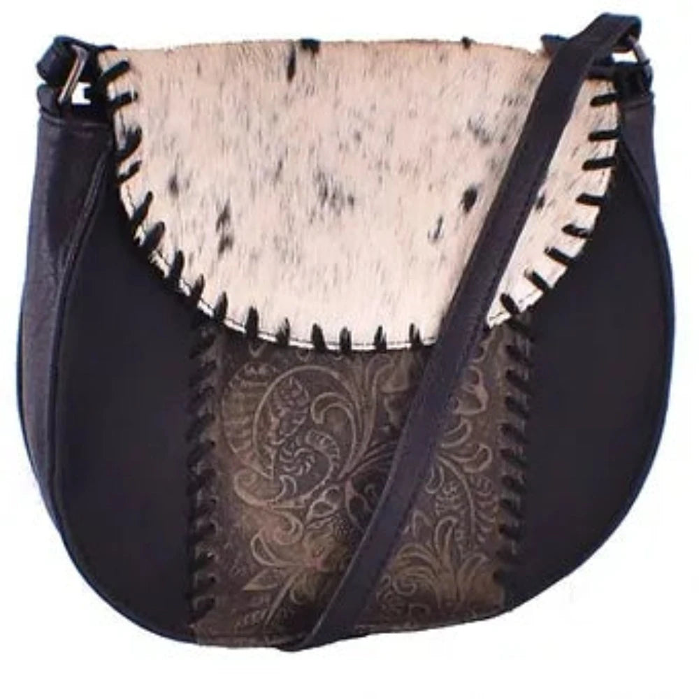 Black Genuine Leather Crossbody Bag w/ Cowhide Overlay