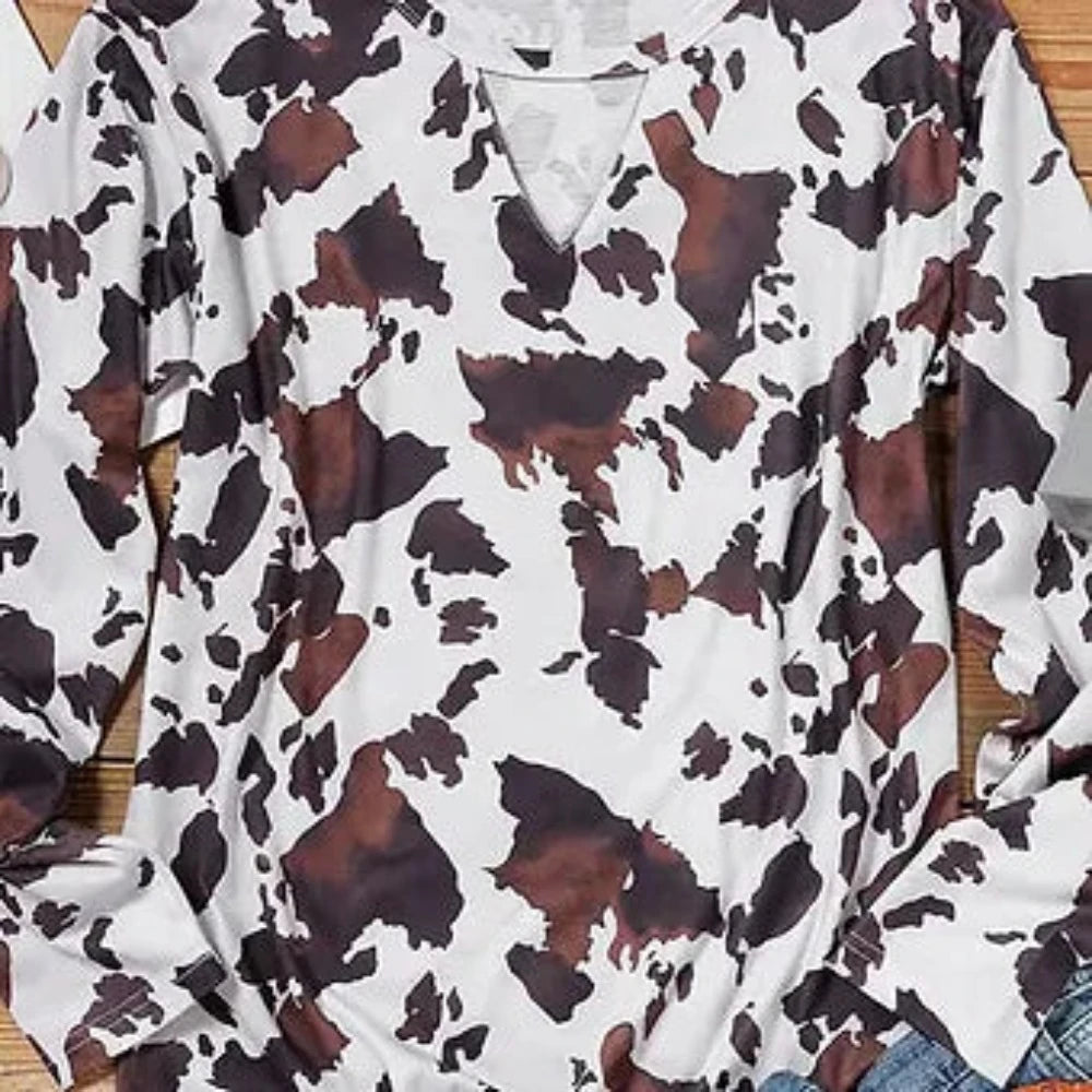 Women's Cow Print Long Sleeve Blouse w/ Keyhole neck