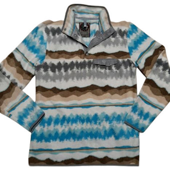 Brown blue & white AZTEC FLEECE PULLOVER w/ Front pockets Snap neck