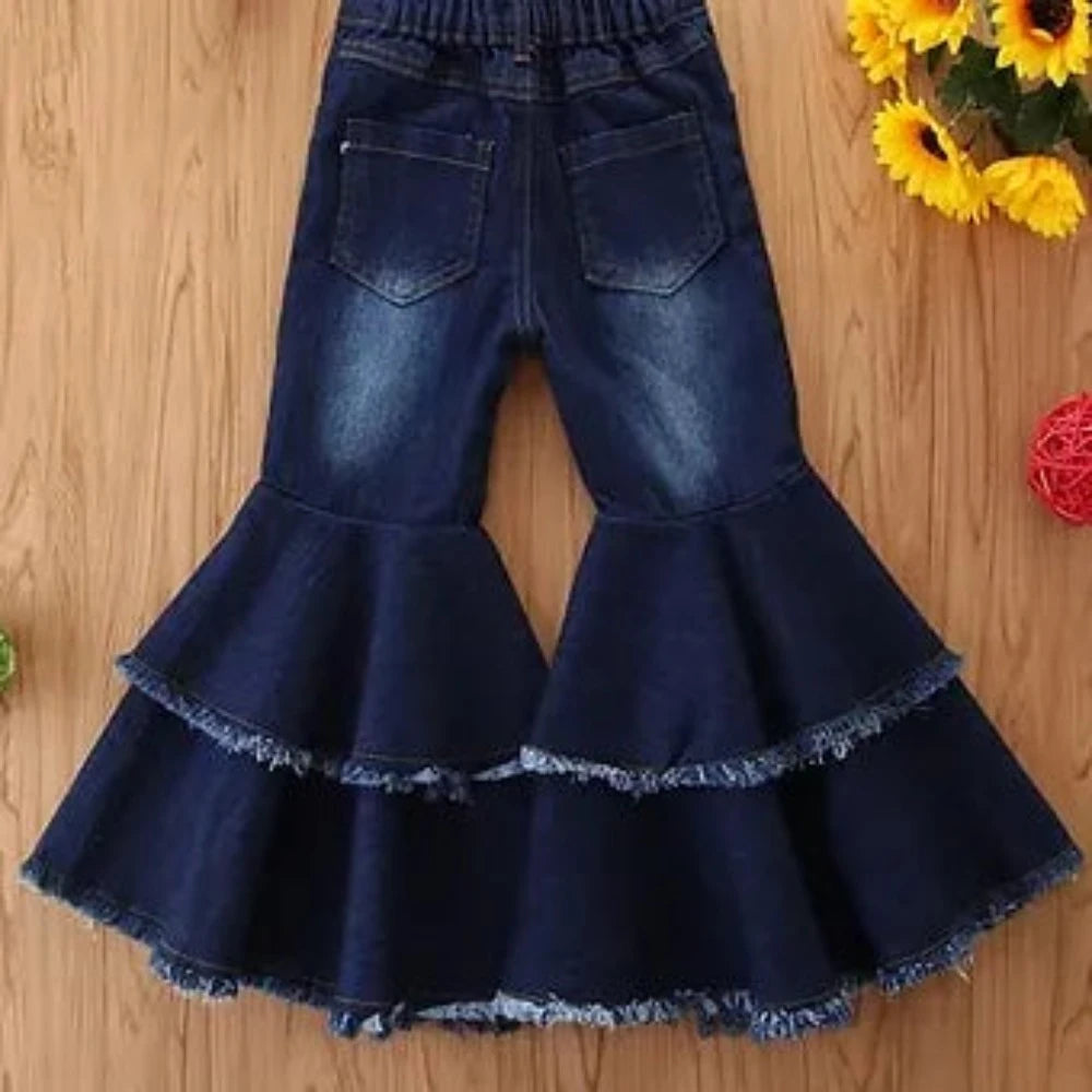 Toddler Girls Washed Tiered Layer Flare Leg Jeans