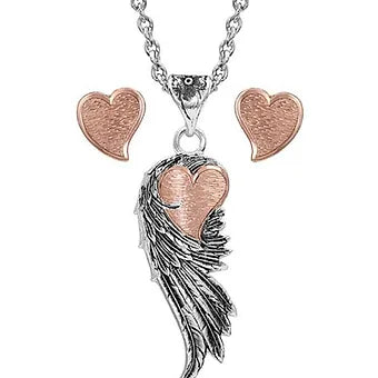 Montana Silversmiths Rose Gold Hearts Feather Necklace & Earrings Set