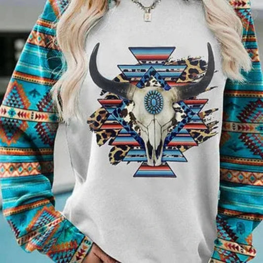 Women's Steer Head Sweatshirt w/ Aztec sleeves