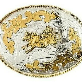 German Silver & Gold XL Bull Rider Belt Buckle