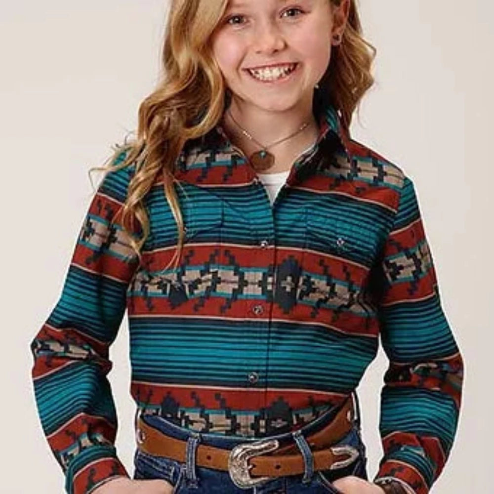 Girl's Roper Teal Stripe Aztec Print Western Shirt