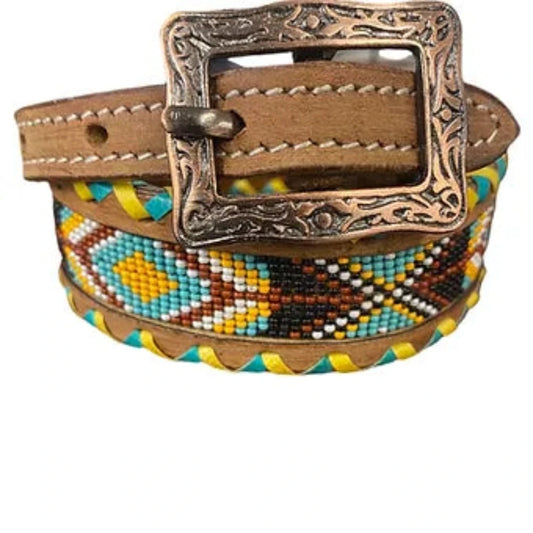 Genuine Leather Turquoise & Yellow Beaded Dog Collar