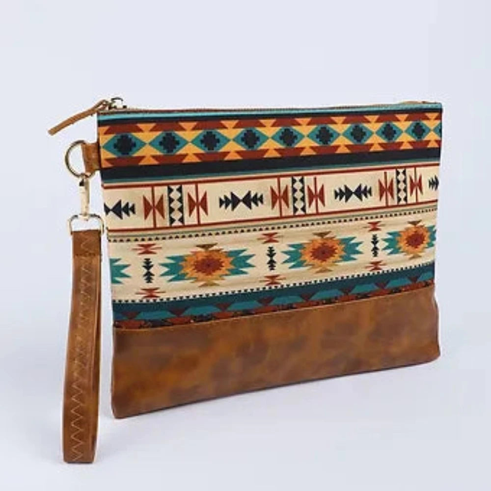 Multicolor Western Aztec Print Zipper PU Leather Clutch
