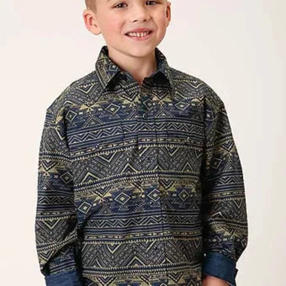 Roper Boy's Horizontal Aztec Print Long Sleeve Button Up Western Shirt