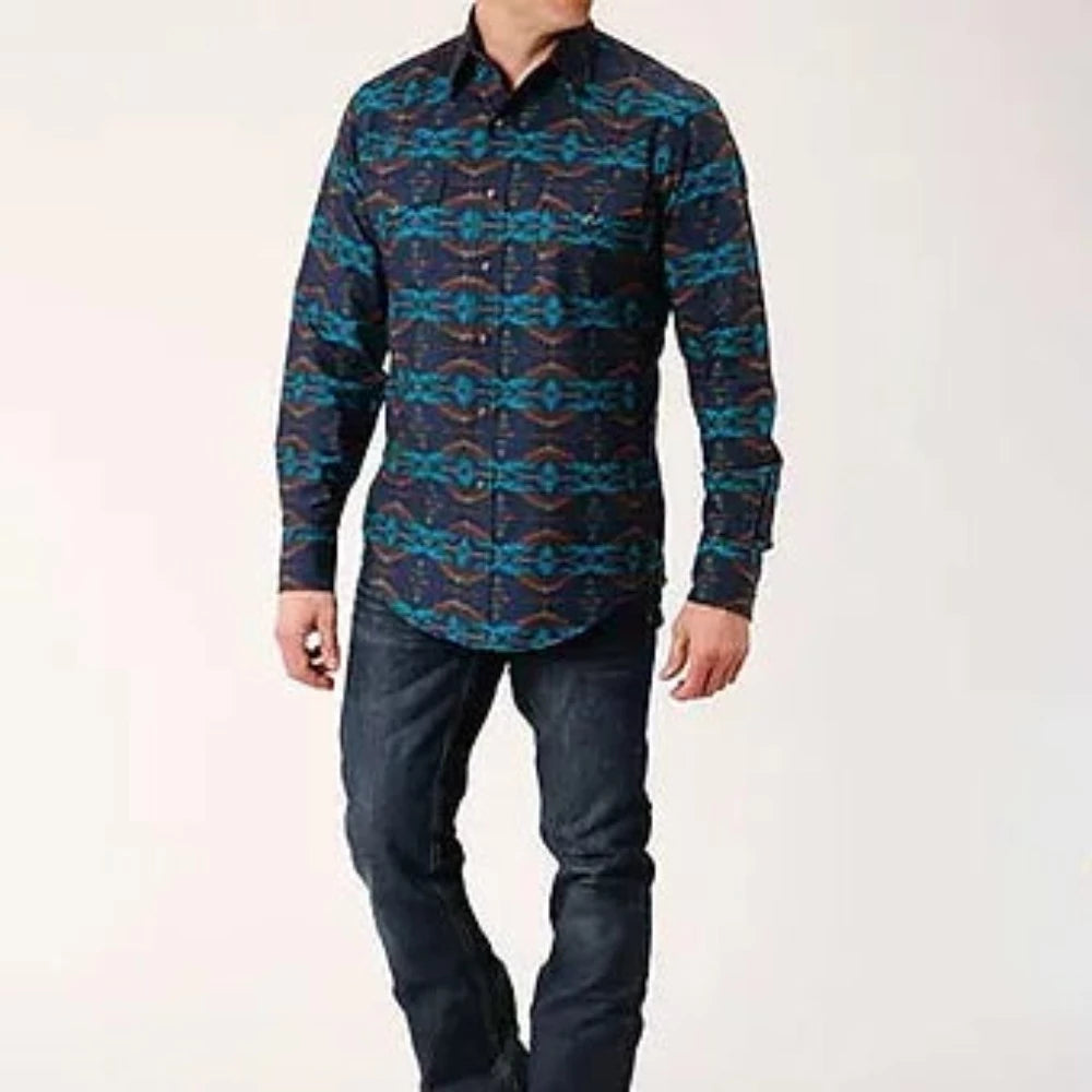 Men's Roper Horizontal Print Blanket Design Western Shirt