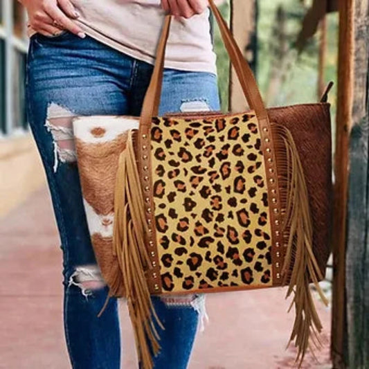 Leopard & Cowhide Print Tote Bag w/ Fringe