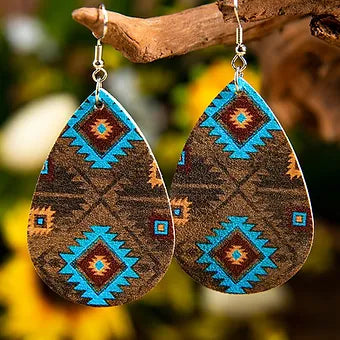 Brown Southwest Aztec Faux Leather Earrings
