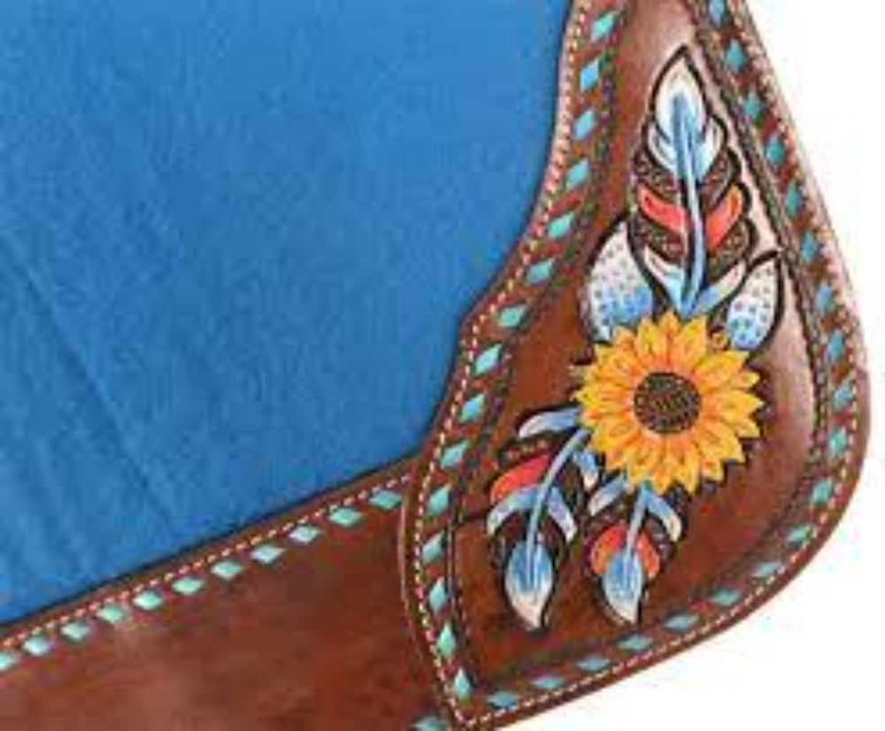 31" x 32" Turquoise & Painted Sunflower Feather Design Felt Saddle Pad