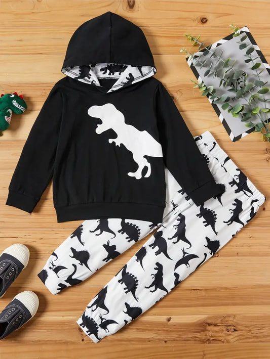 Boy's Black Hooded Dinosaur Shirt & Pants Set