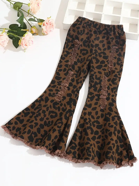 Girl's Leopard Print Ripped Flare Jeans