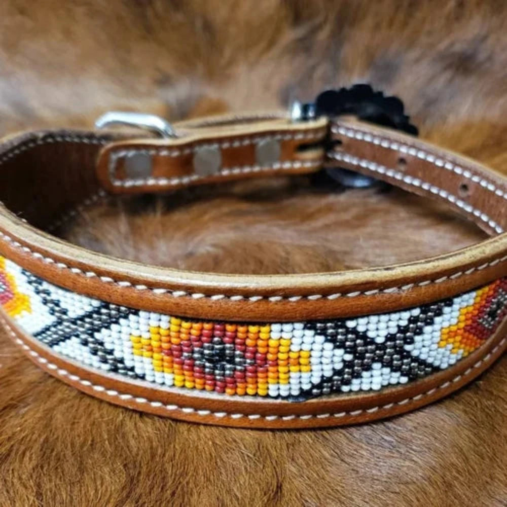 Showman Genuine Leather Orange/Yellow/White Beaded Dog Collar