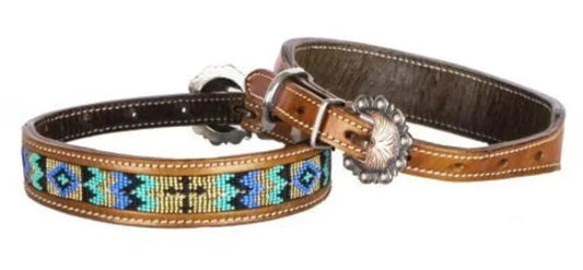 Showman Genuine Leather Beaded Turquoise & Gold Cross Dog Collar