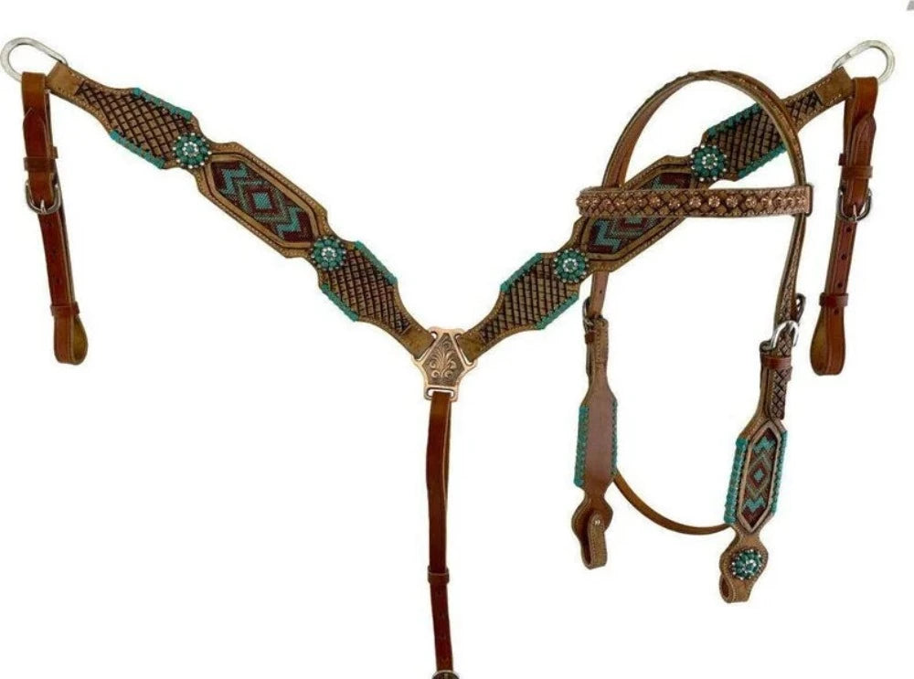 Showman Turquoise Aztec Leather Browband Breast Collar & Headstall Set