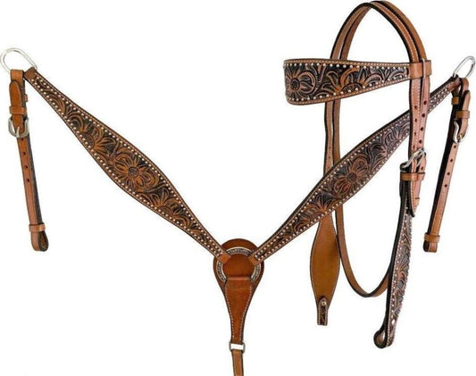 Medium Oil Floral Tooled Breast Collar & Headstall Set w/ Silver Beads