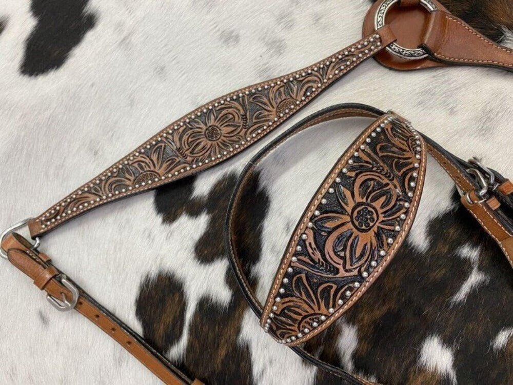Medium Oil Floral Tooled Breast Collar & Headstall Set w/ Silver Beads