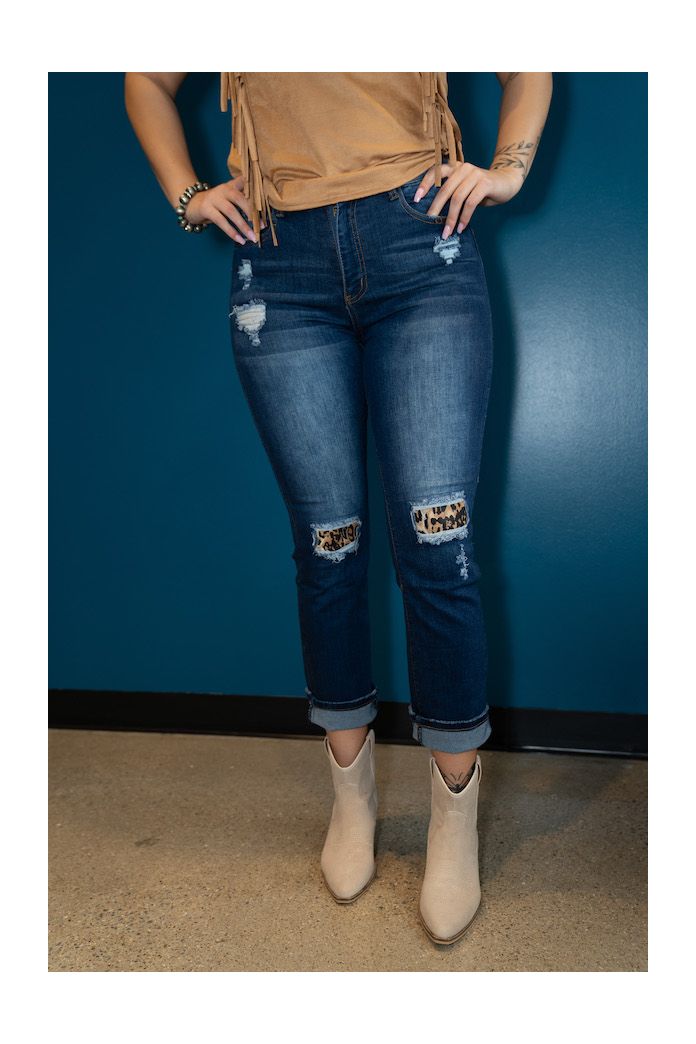 Women's Lucky & Blessed High Rise Boyfriend Cut Jeans w/ Leopard knee