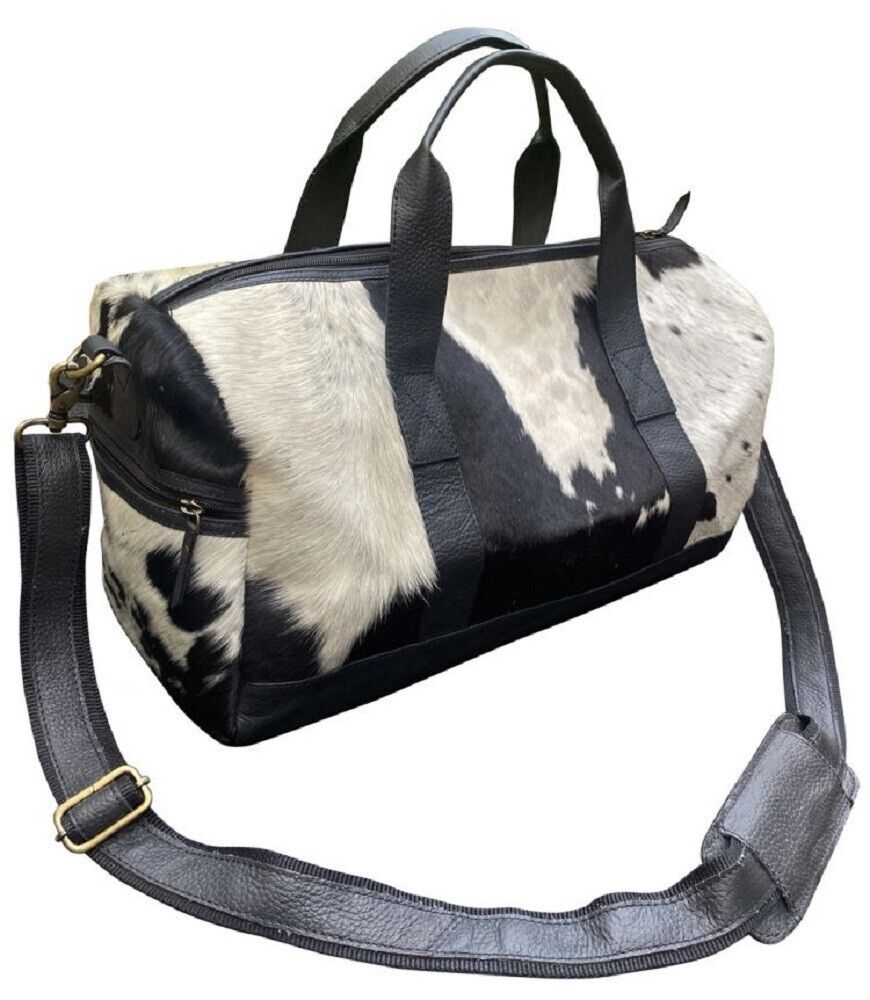 Klassy Cowgirl White & Black Hair-On Cowhide Overnight Duffle Bag w/ Strap