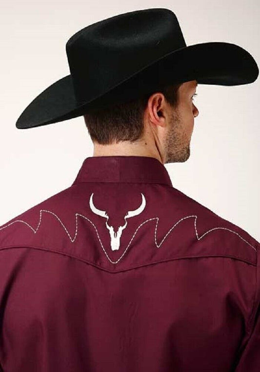 Men's Roper Wine SOLID BROADCLOATH WESTERN SHIRT w Skull embroidery