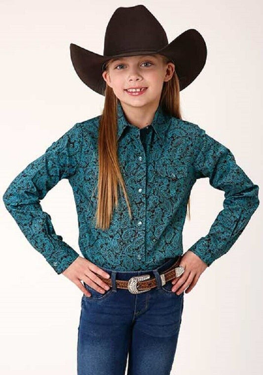 Youth Girl's Roper Light blue & brown AGAVE PAISLEY WESTERN SHIRT