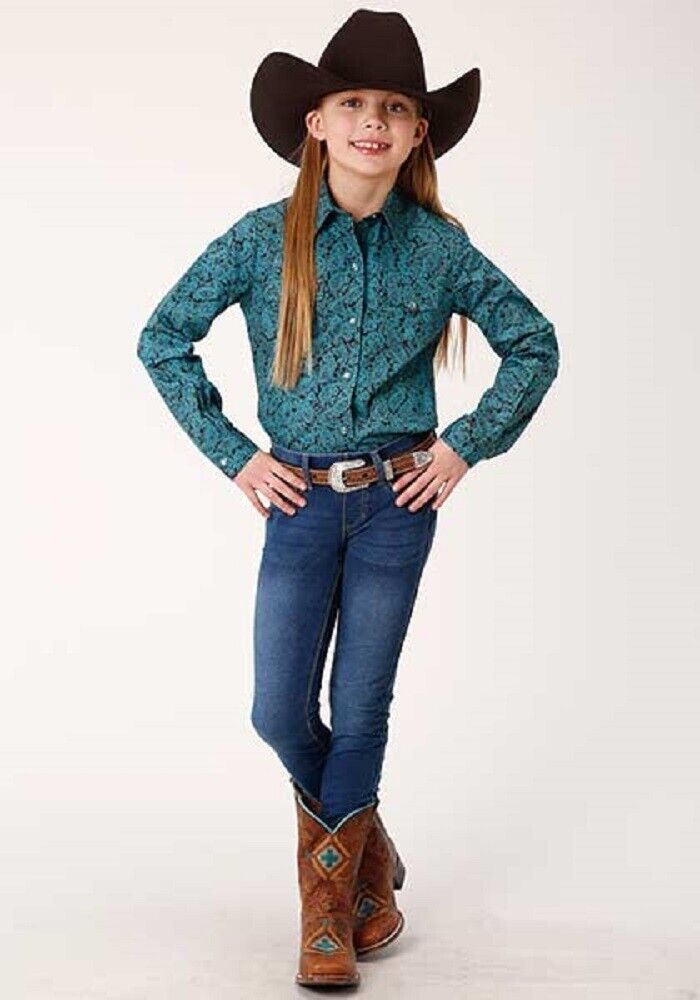 Youth Girl's Roper Light blue & brown AGAVE PAISLEY WESTERN SHIRT