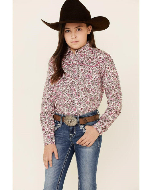 Cowgirl Hardware Youth girl's Pink/White/Brown Western Shirt