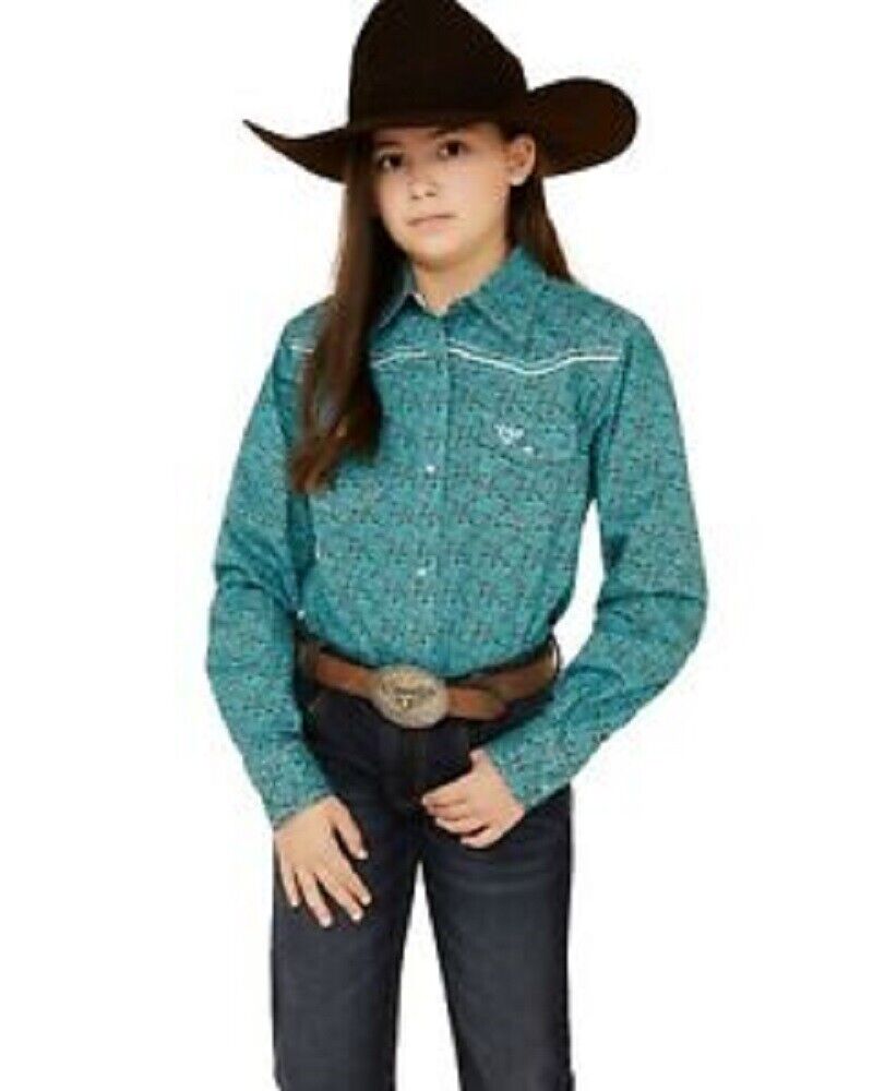 Cowgirl Hardware Youth Girls Turquoise & Brown Western Shirt