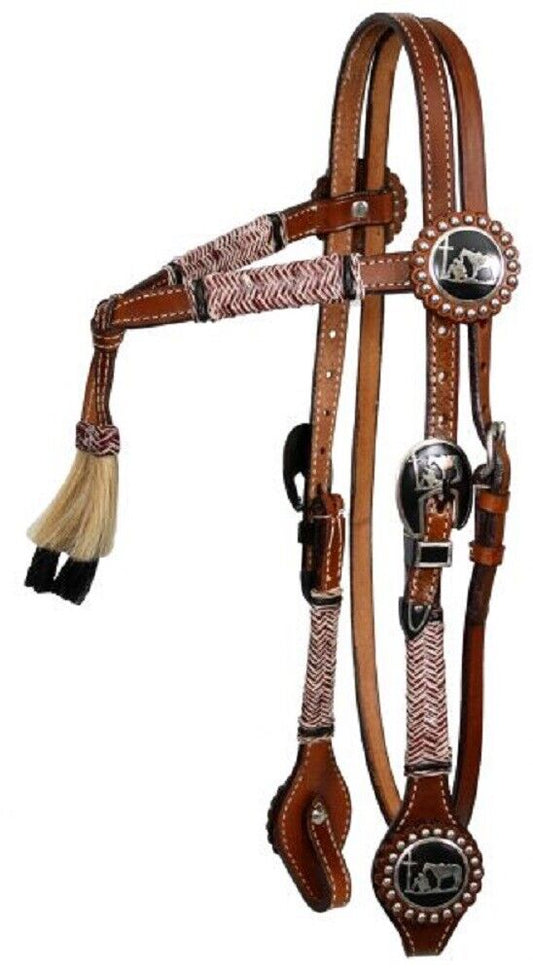 Leather Furturity Knot Rawhide Headstall w/ Praying Cowboy Conchos