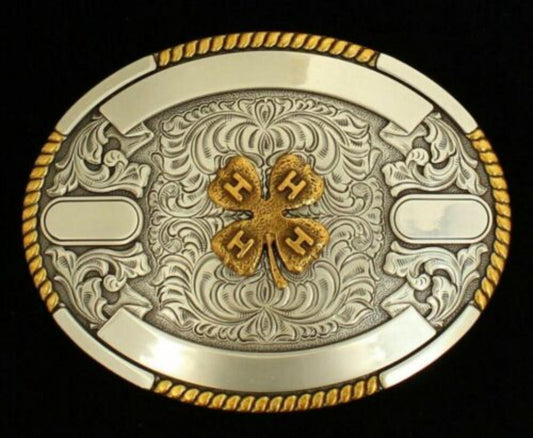 Crumrine Silver & Gold 4-H Clover Leaf Belt Buckle w/ Floral Tooling