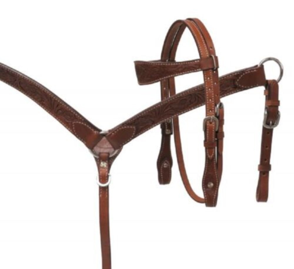 Mini size Leather Floral Tooled Breast Collar & Headstall Set