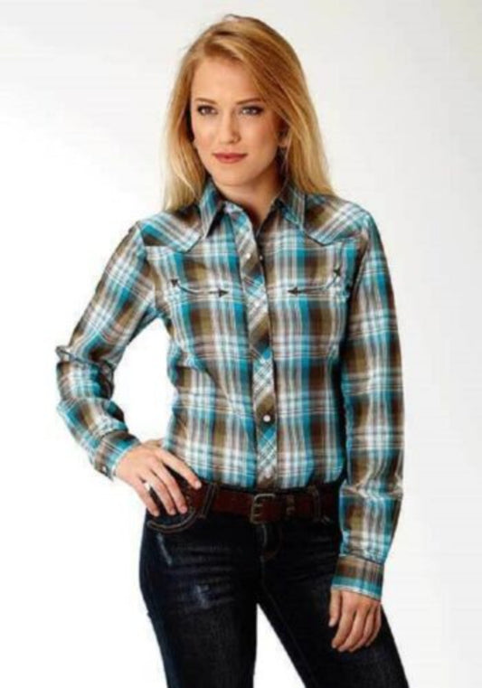 Roper Women's Turquoise & brown Plaid Shirt w/ Snaps