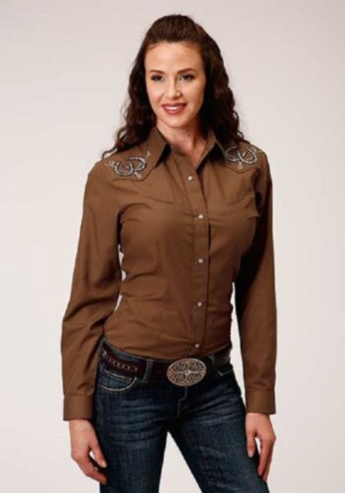 Women's Roper Brown Western Shirt w/ Horseshoes & Roping