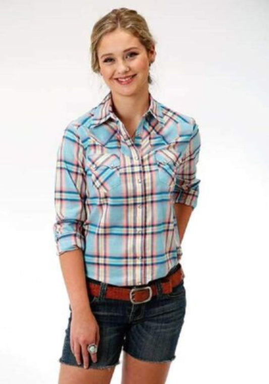 Women's Roper Turquoise Pink Plaid Western Shirt