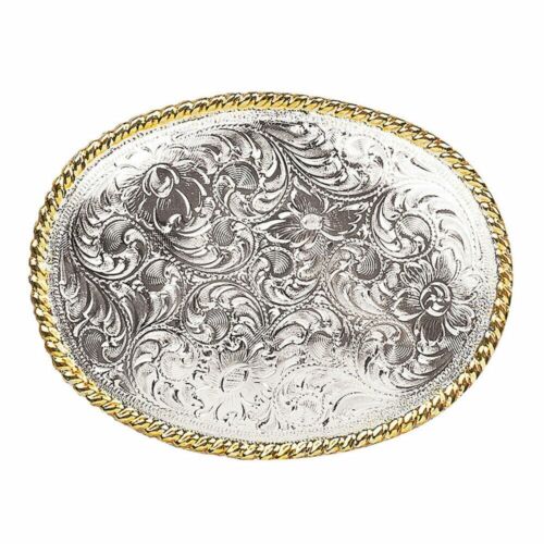 Nocona Belt Co. Men's ENGRAVED TOOLED FLORAL OVAL BELT BUCKLE w/ Gold rope edge