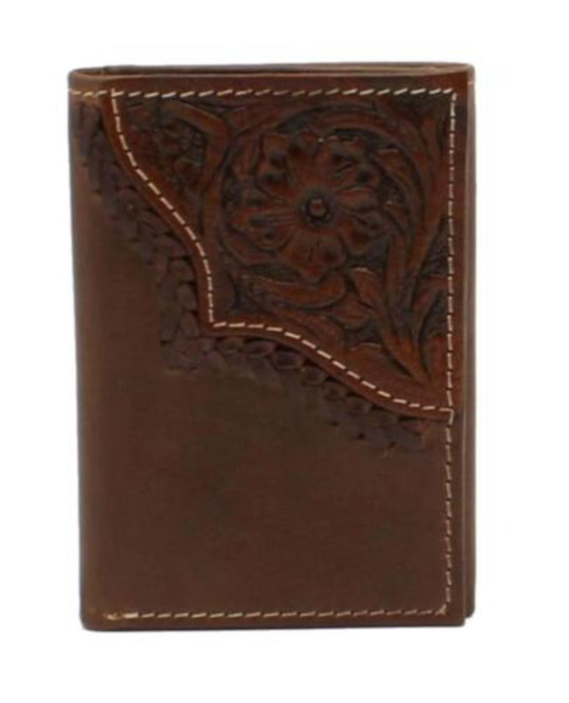 Nocona Belt Co. Men's Brown Leather Trifold Wallet w/ Floral tooling Braided