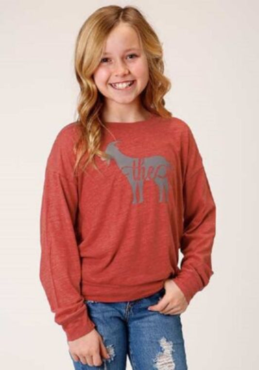 Youth girl's Roper Red 'THE' GOAT LONG SLEEVE SHIRT