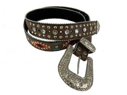 Genuine Leather Women's Aztec Embroidered Bling Belt