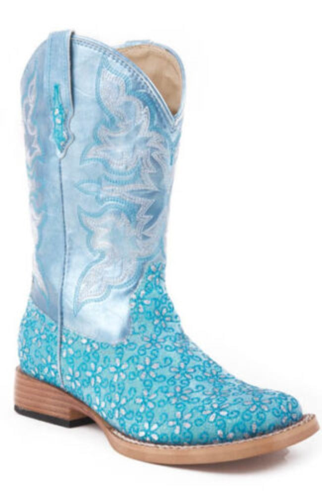 Roper Youth Girl's Turquoise 'GLITTER FLOWER' COWBOY BOOTS