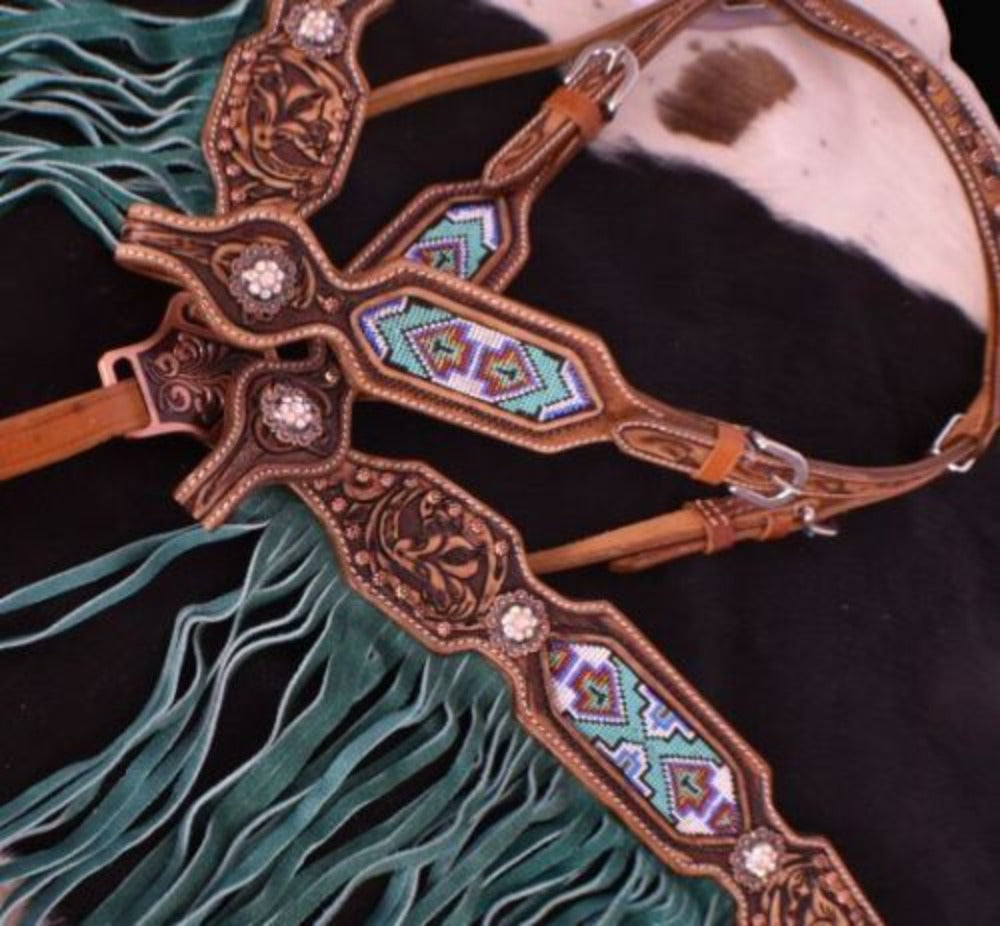Leather Teal & Purple Beading Breast Collar & Headstall Set w/ Fringe